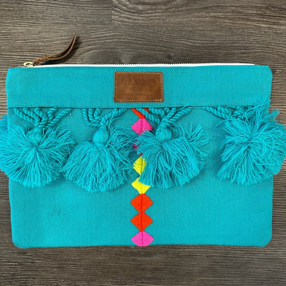 Mexican Embriodered Teal Clutch with Tassels